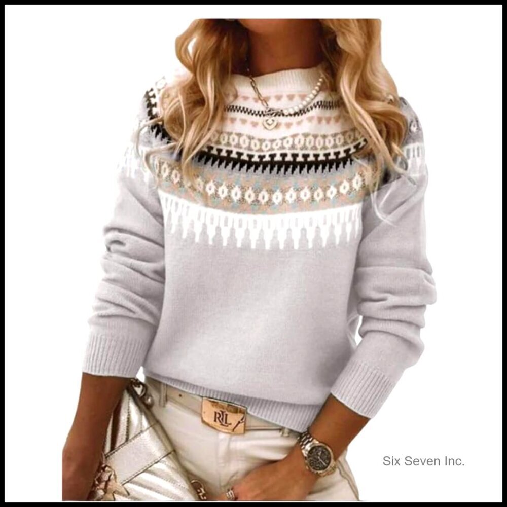 Fair Isle Knit Sweater Vintage Boho Pullover Crew Neck Fall Fashion Casual